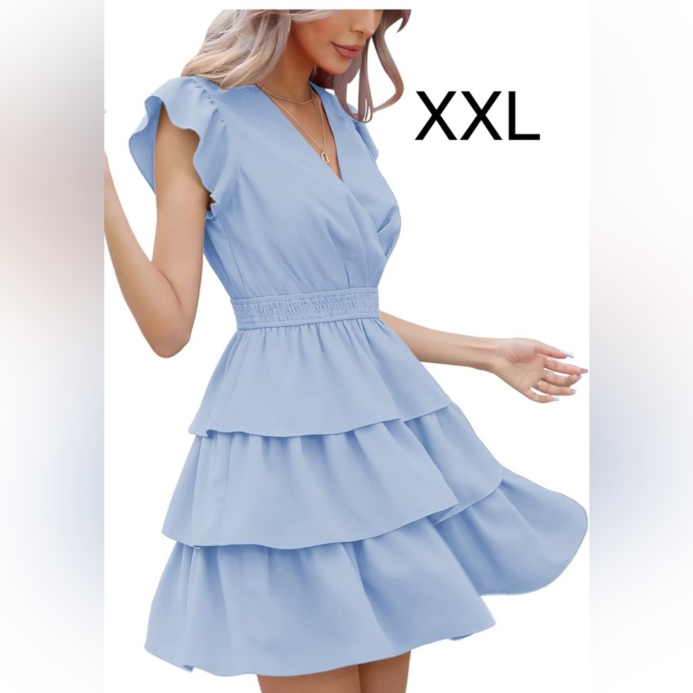 Byinns Women’s Summer V Neck  Casual Mini Dress Short Ruffle Sleeve XXL Size